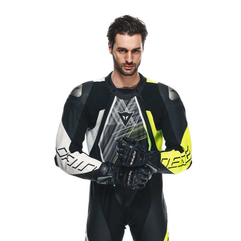 Dainese Audax D-ZIP one-piece leather racing suit in black and neon yellow