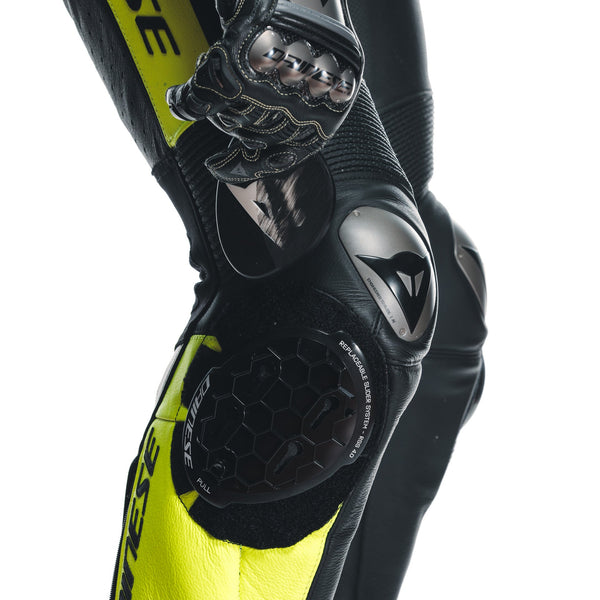 Dainese Misano 3 Perf. D-AIR® men's one-piece leather race suit in black and neon yellow