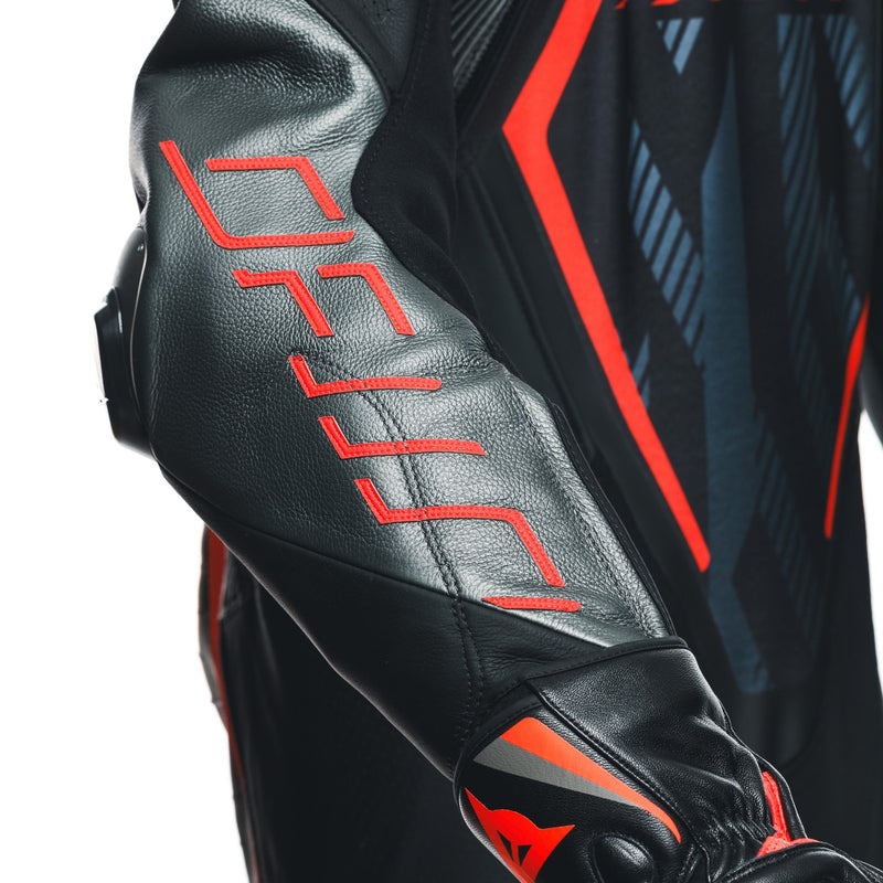 Dainese Audax D-ZIP one-piece leather racing suit in black and red, men's