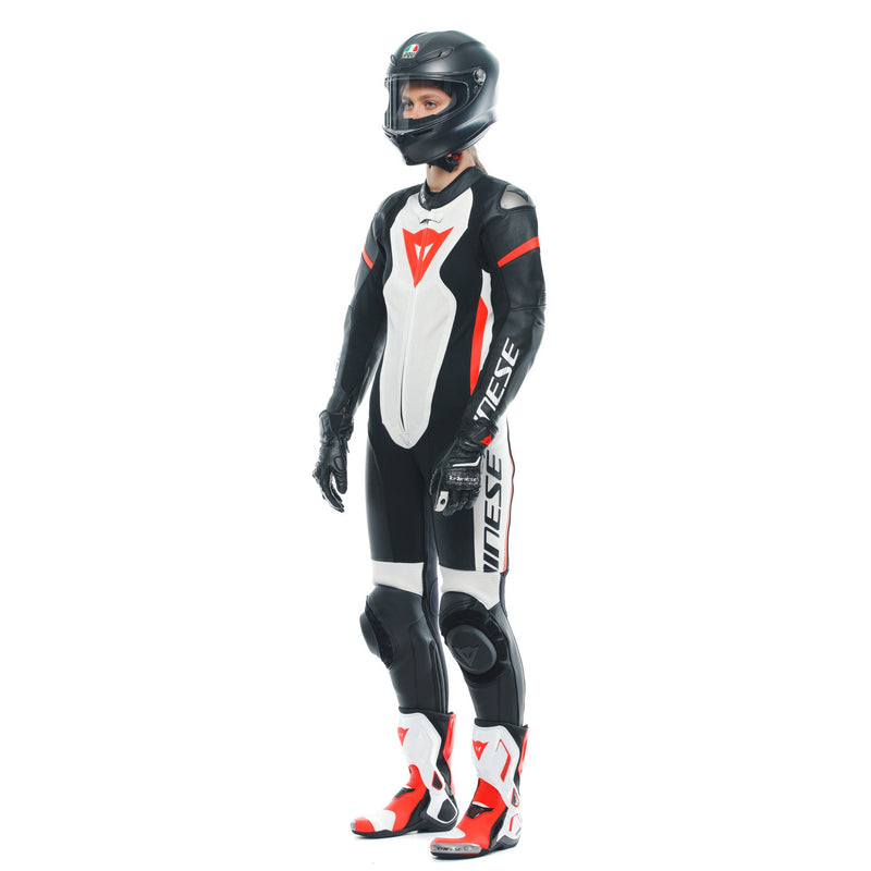 Dainese Grobnik Lady one-piece leather race suit in white and red, perforated panels