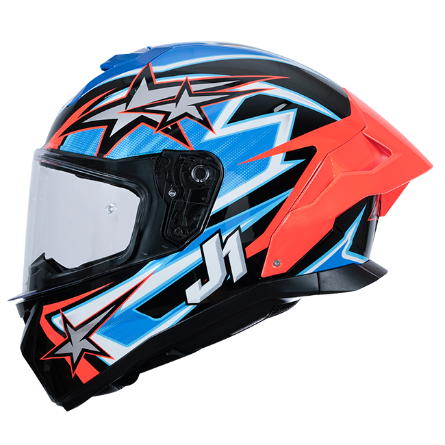 Just1 J-STR Astro full-face helmet in gloss red blue and black graphic