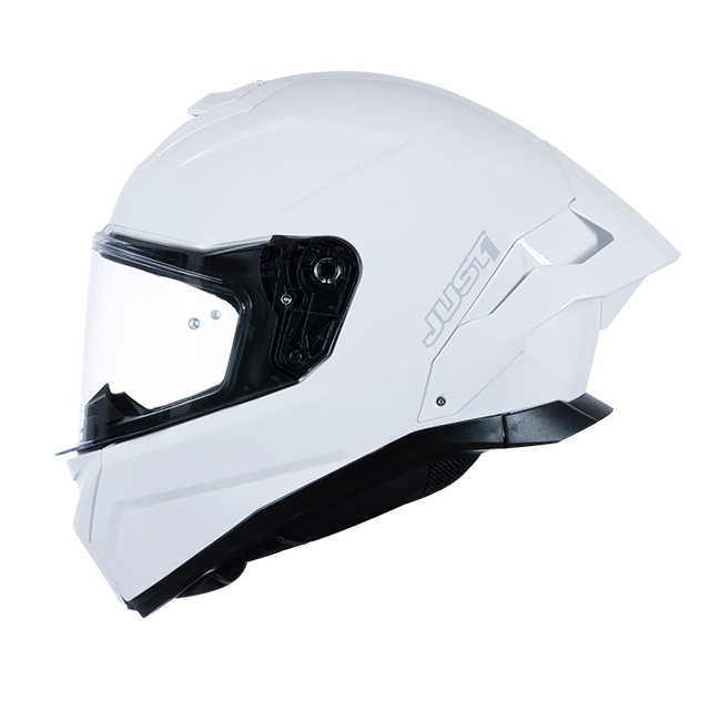 Just1 J-STR full-face helmet in solid gloss white, front three-quarter view