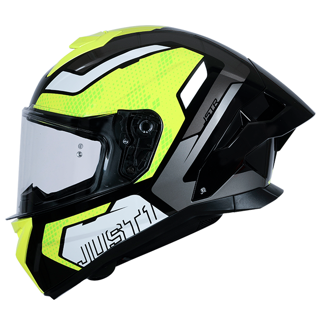 Just1 J-STR Union full-face helmet in neon yellow and gloss black