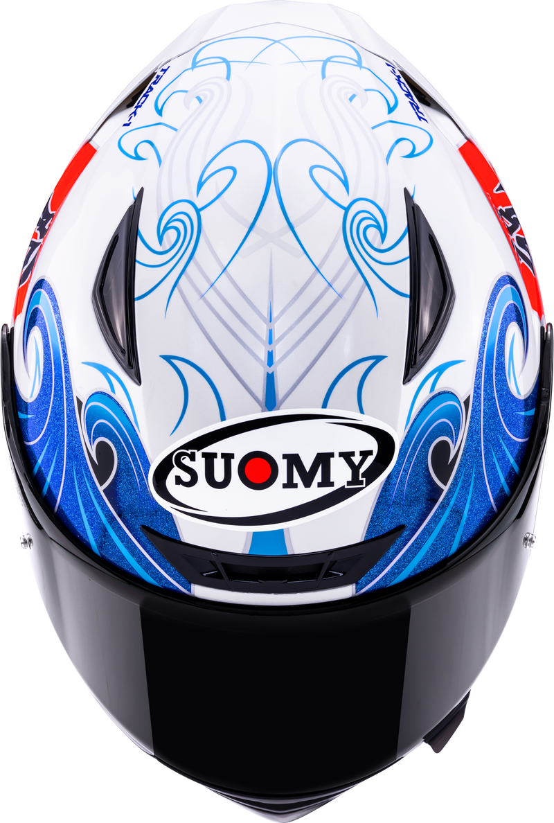 Suomy Track-1 full-face helmet in Waves White graphic, front three-quarter view