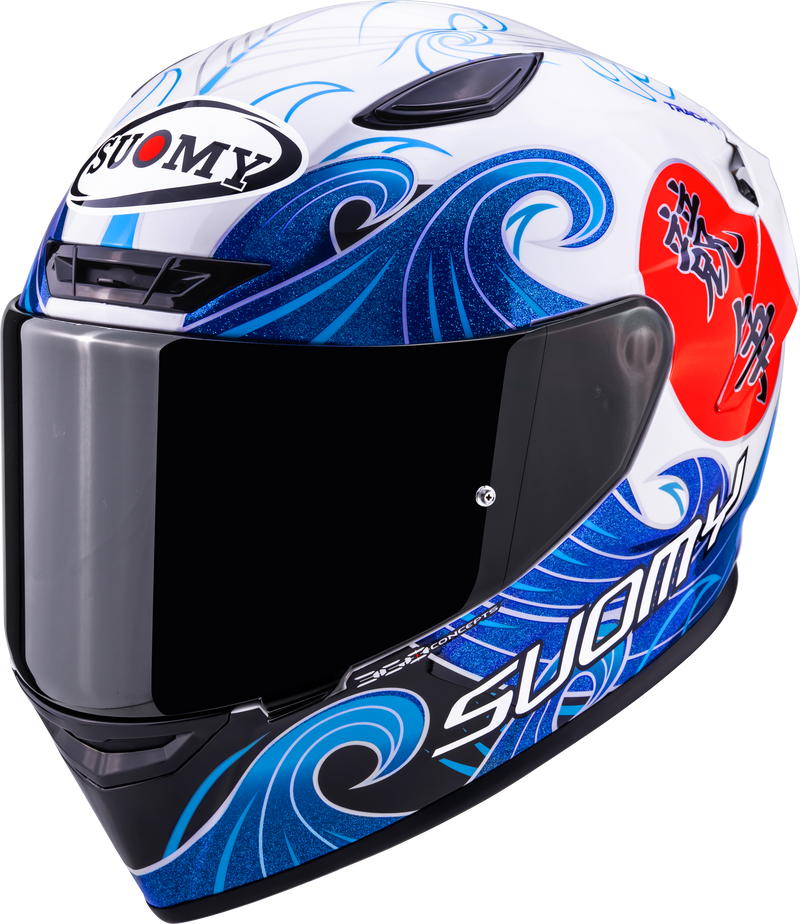 Suomy Track-1 full-face helmet in Waves White graphic, front three-quarter view