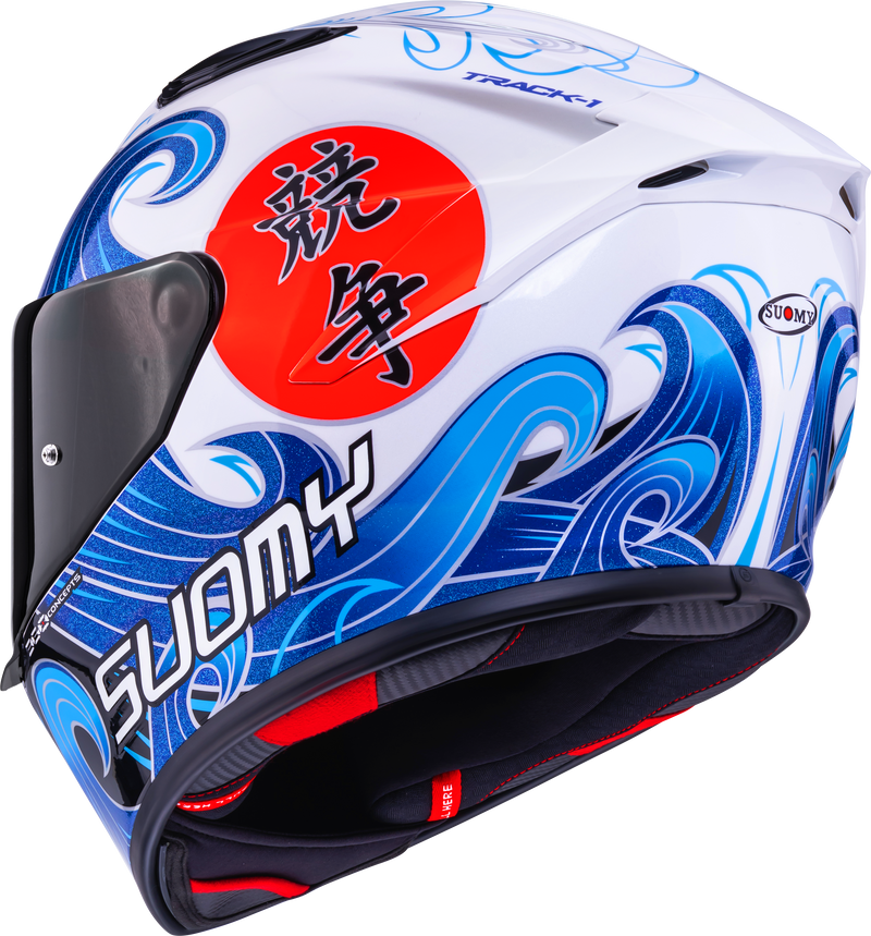 Suomy Track-1 full-face helmet in Waves White graphic, front three-quarter view