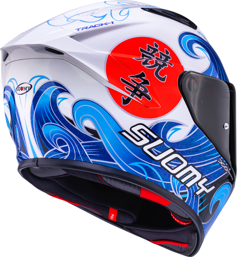 Suomy Track-1 full-face helmet in Waves White graphic, front three-quarter view