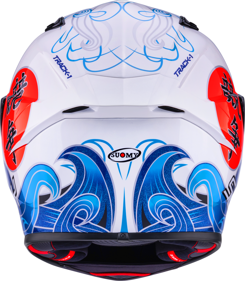 Suomy Track-1 full-face helmet in Waves White graphic, front three-quarter view