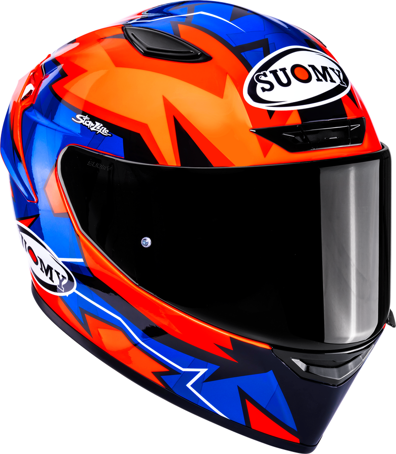 Suomy Track-1 Firestorm full-face motorcycle helmet in red, orange and black