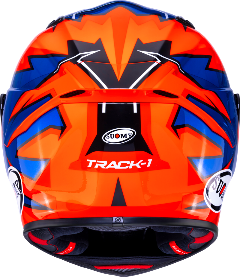Suomy Track-1 Firestorm full-face motorcycle helmet in red, orange and black