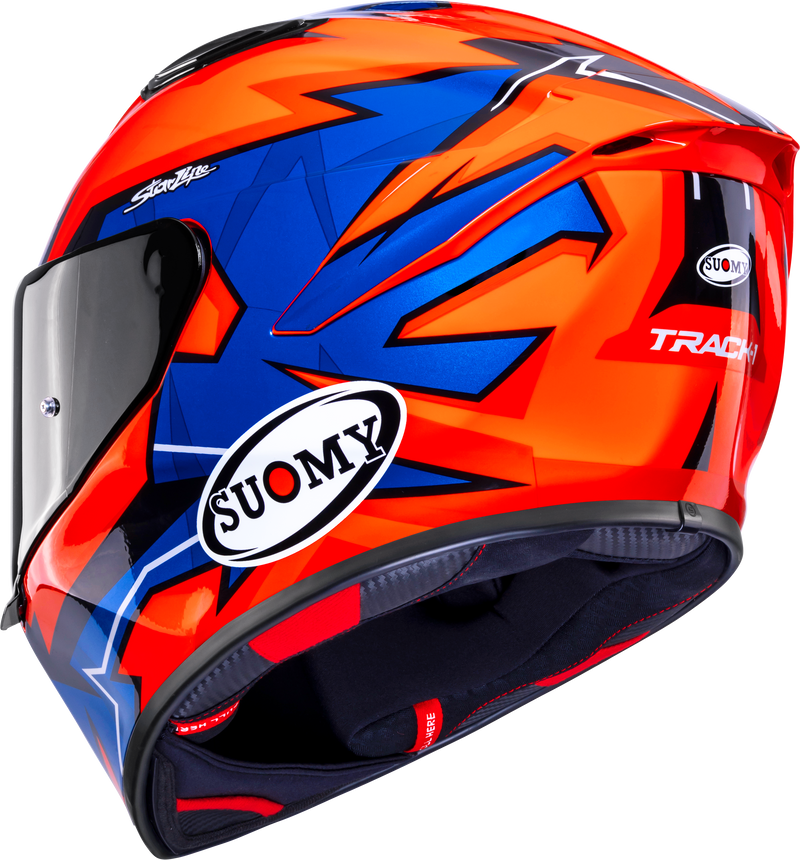 Suomy Track-1 Firestorm full-face motorcycle helmet in red, orange and black