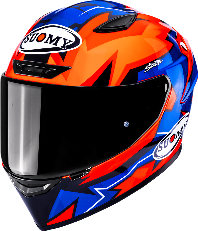 Suomy Track-1 Firestorm full-face motorcycle helmet in red, orange and black