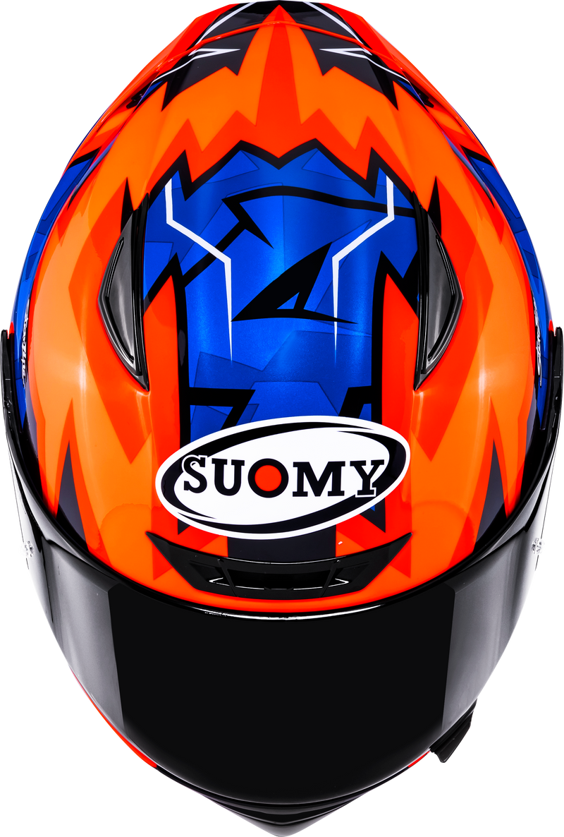 Suomy Track-1 Firestorm full-face motorcycle helmet in red, orange and black
