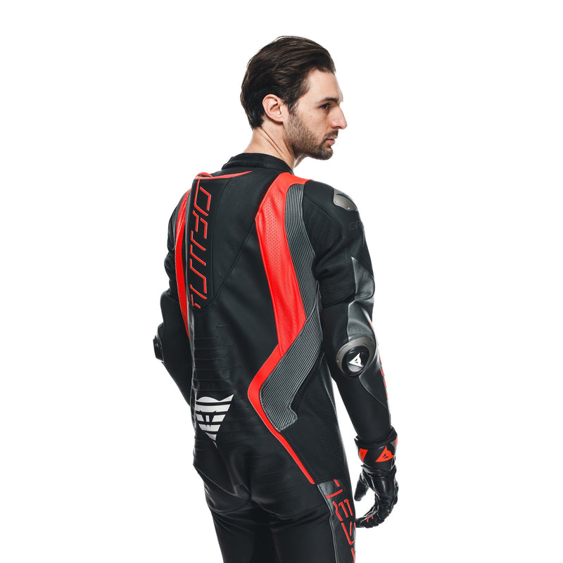 Dainese Audax D-ZIP one-piece leather racing suit in black and red, men's