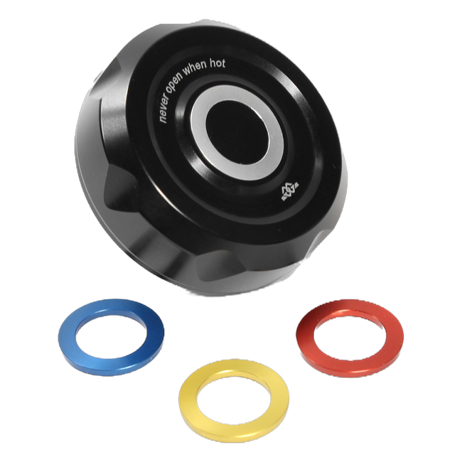 Gilles KC-03 radiator cap cover for Ducati DESERT X, with the colour inserts