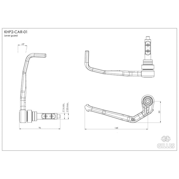 Gilles KHP2 clutch lever guard carbon, dimensions and adjustment range