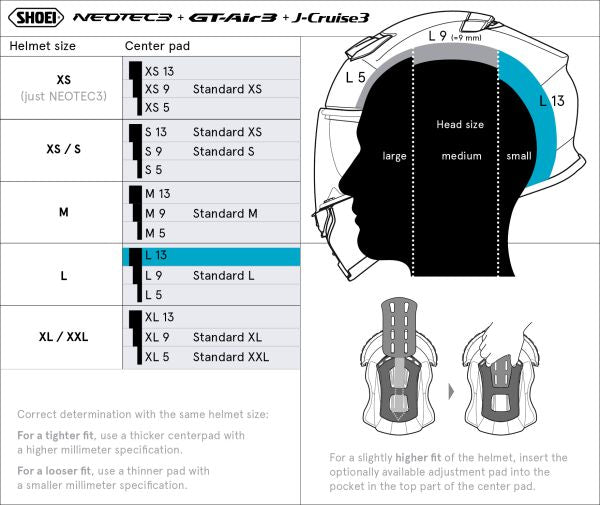 Shoei Head Pad L13 Type-Q – size chart