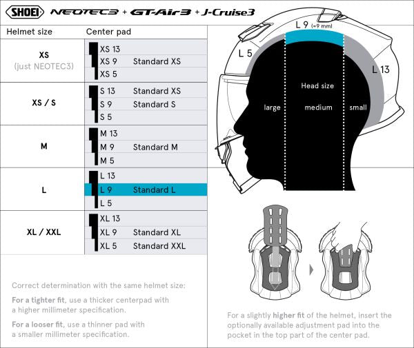 Shoei Head Pad L9 Type-Q – size chart