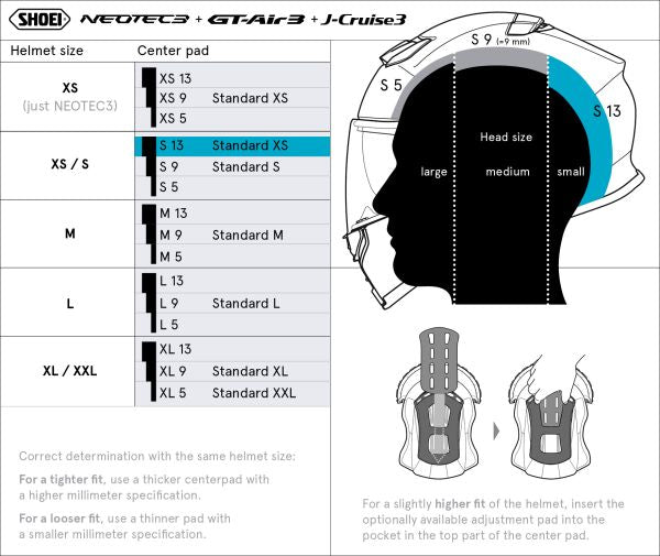 Shoei Head Pad S13 Type-Q – size chart