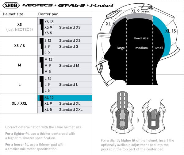 Shoei Head Pad XL13 Type-Q – size chart