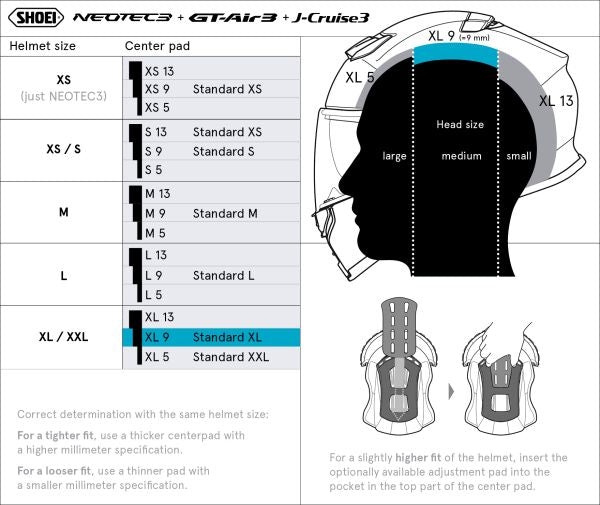 Shoei Head Pad XL9 Type-Q – size chart
