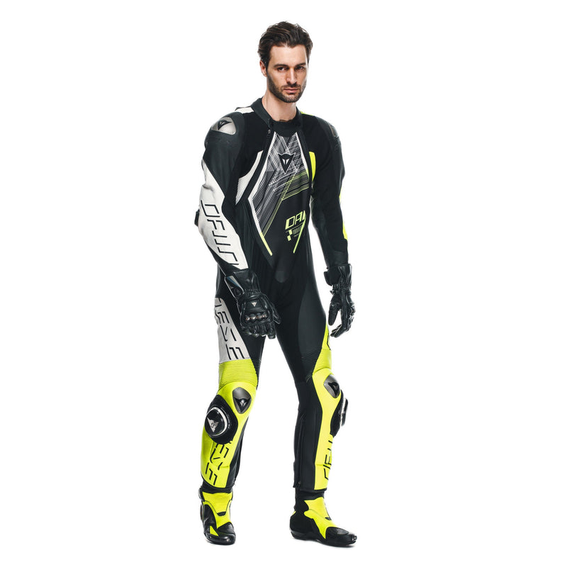 Dainese Audax D-ZIP one-piece leather racing suit in black and neon yellow