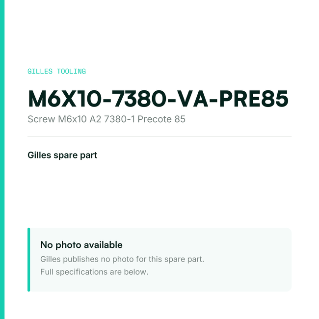 Gilles Screw M6x10 A2 7380-1 Precote 85 – M6X10-7380-VA-PRE85, data card, no manufacturer photo available