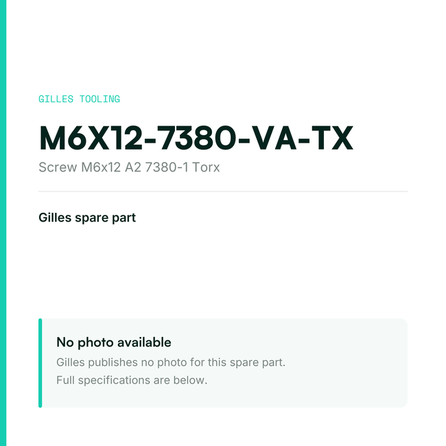 Gilles Screw M6x12 A2 7380-1 Torx – M6X12-7380-VA-TX, data card, no manufacturer photo available