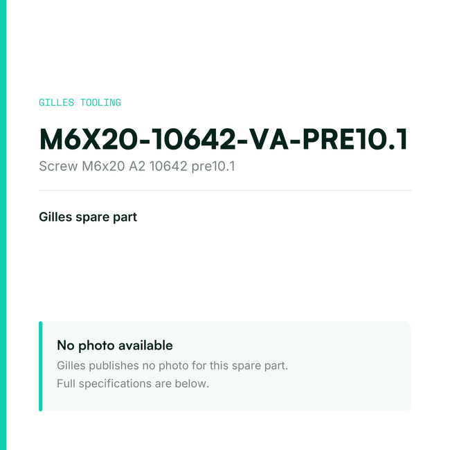 Gilles Screw M6x20 A2 10642 pre10.1 – M6X20-10642-VA-PRE10.1, data card, no manufacturer photo available