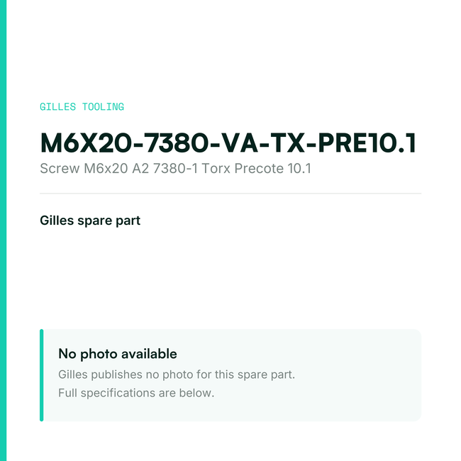 Gilles Screw M6x20 A2 7380-1 Torx Precote 10.1 – M6X20-7380-VA-TX-PRE10.1, data card, no manufacturer photo available