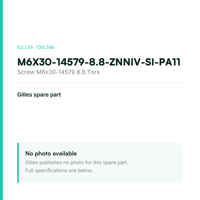 Gilles Screw M6x30-14579 8.8 Torx – M6X30-14579-8.8-ZNNIV-SI-PA11, data card, no manufacturer photo available
