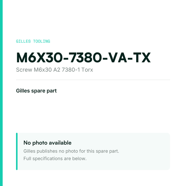 Gilles Screw M6x30 A2 7380-1 Torx – M6X30-7380-VA-TX, data card, no manufacturer photo available