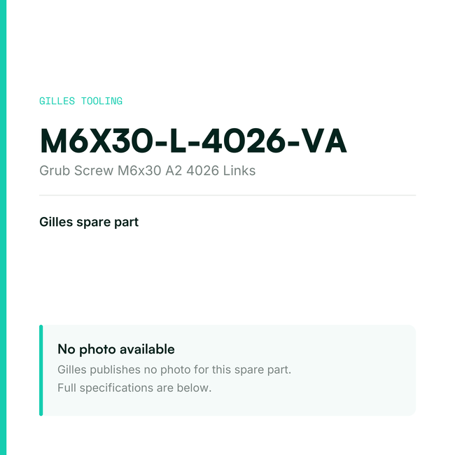 Gilles Grub Screw M6x30 A2 4026 Links – M6X30-L-4026-VA, data card, no manufacturer photo available