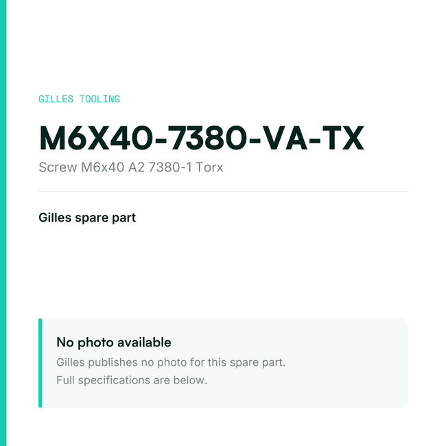 Gilles Screw M6x40 A2 7380-1 Torx – M6X40-7380-VA-TX, data card, no manufacturer photo available