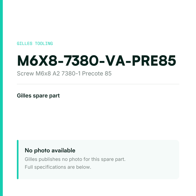Gilles Screw M6x8 A2 7380-1 Precote 85 – M6X8-7380-VA-PRE85, data card, no manufacturer photo available