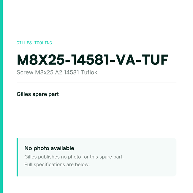 Gilles Screw M8x25 A2 14581 Tuflok – M8X25-14581-VA-TUF, data card, no manufacturer photo available