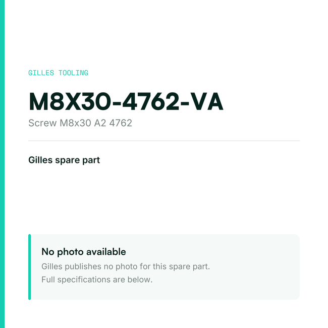 Gilles Screw M8x30 A2 4762 – M8X30-4762-VA, data card, no manufacturer photo available