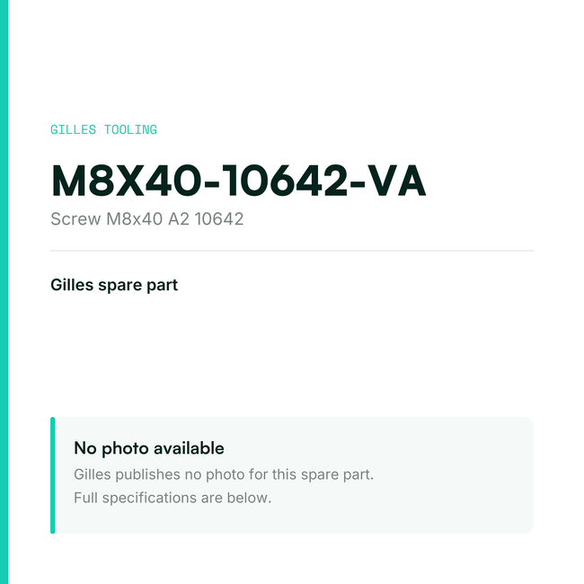 Gilles Screw M8x40 A2 10642 – M8X40-10642-VA, data card, no manufacturer photo available