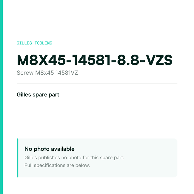 Gilles Screw M8x45 14581VZ – M8X45-14581-8.8-VZS, data card, no manufacturer photo available