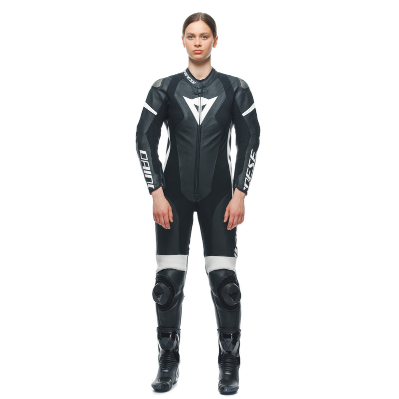 Dainese Grobnik Lady one-piece leather suit in black and white, perforated race suit for women