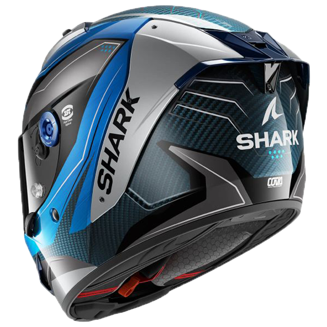 Shark Aeron full-face helmet in Mekarium DBS silver and blue carbon graphic