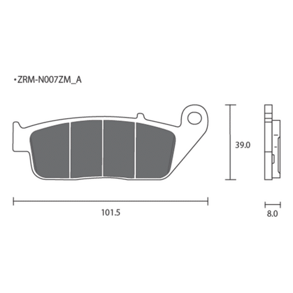 Dimension drawing of the ZCOO N007 brake pad, Z-N007-EX