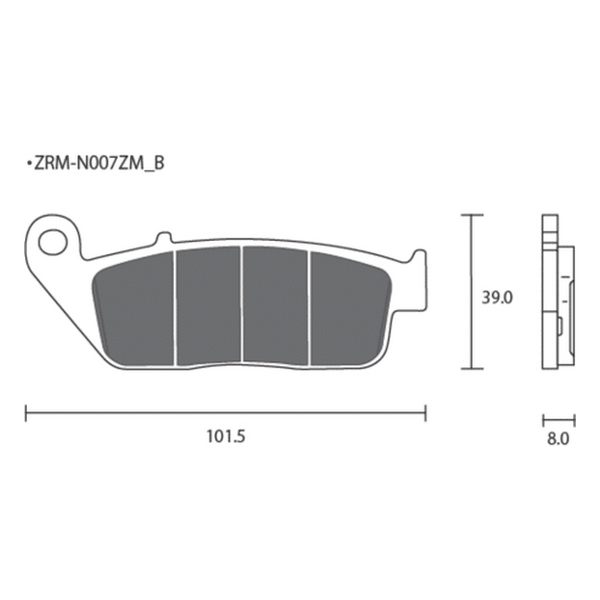Dimension drawing of the ZCOO N007 brake pad, Z-N007-EX