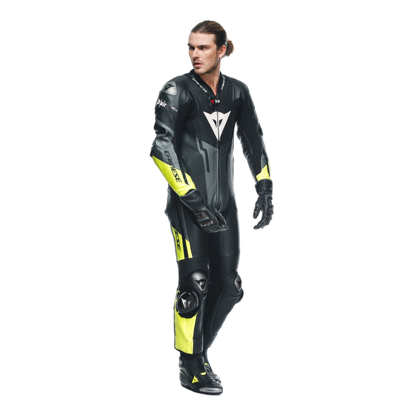 Dainese Misano 3 Perf. D-AIR® men's one-piece leather race suit in black and neon yellow