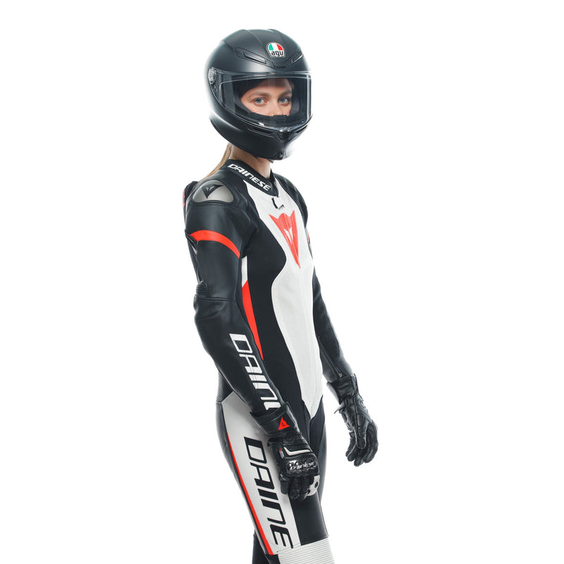 Dainese Grobnik Lady one-piece leather race suit in white and red, perforated panels