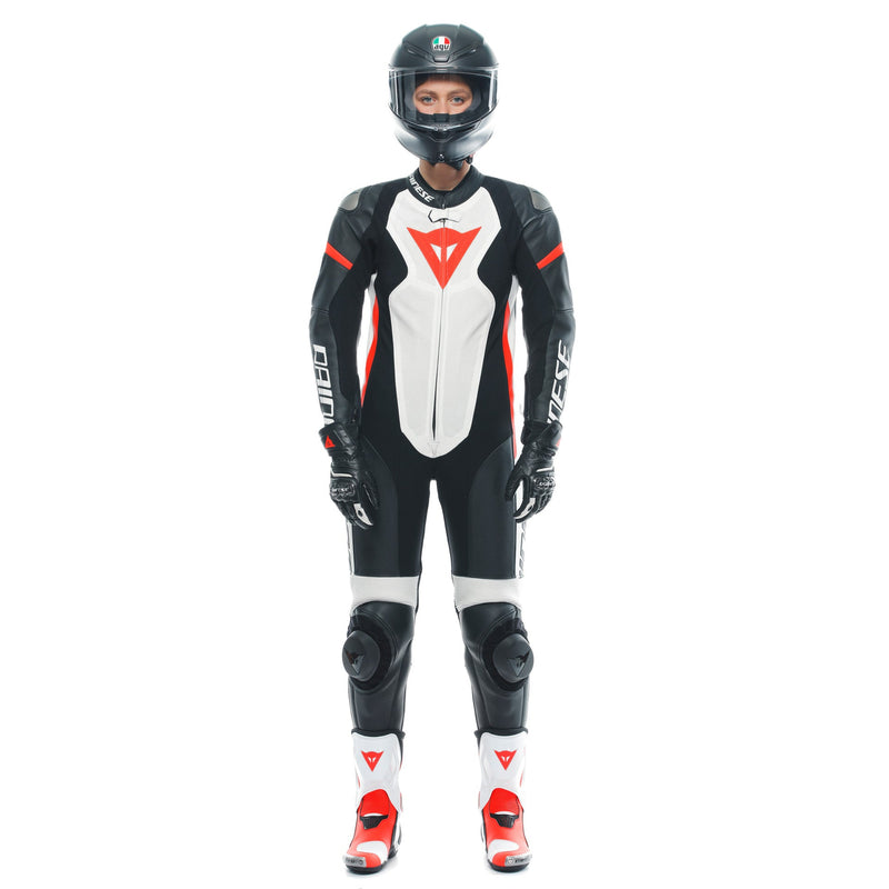 Dainese Grobnik Lady one-piece leather race suit in white and red, perforated panels