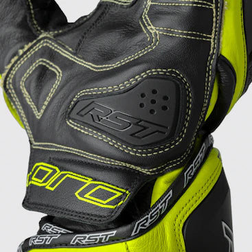 RST Pro Series GP D3O men's motorcycle leather gloves in Neon Yellow and Black