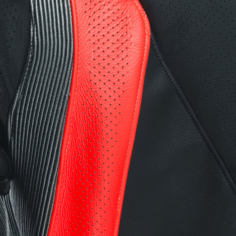 Dainese Audax D-ZIP one-piece leather racing suit in black and red, men's