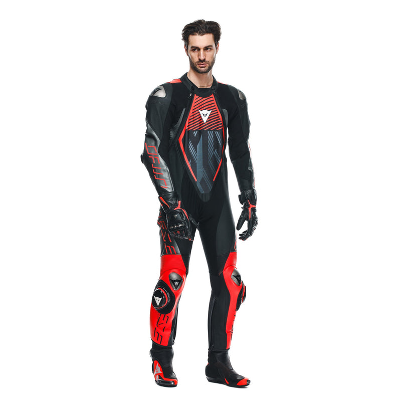 Dainese Audax D-ZIP one-piece leather racing suit in black and red, men's