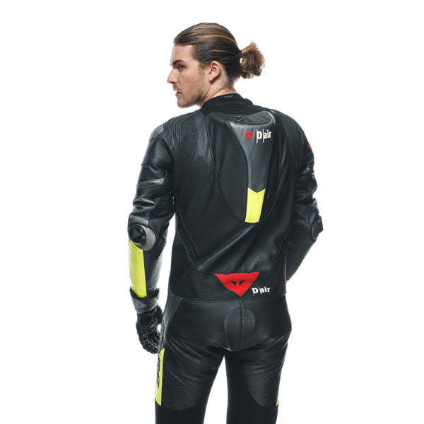 Dainese Misano 3 Perf. D-AIR® men's one-piece leather race suit in black and neon yellow